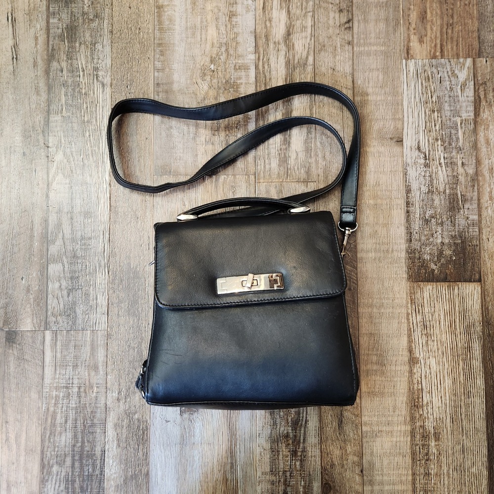 Black‎ Leather Organizer Crossbody Bag Multi Compartment Turn Lock Handbag